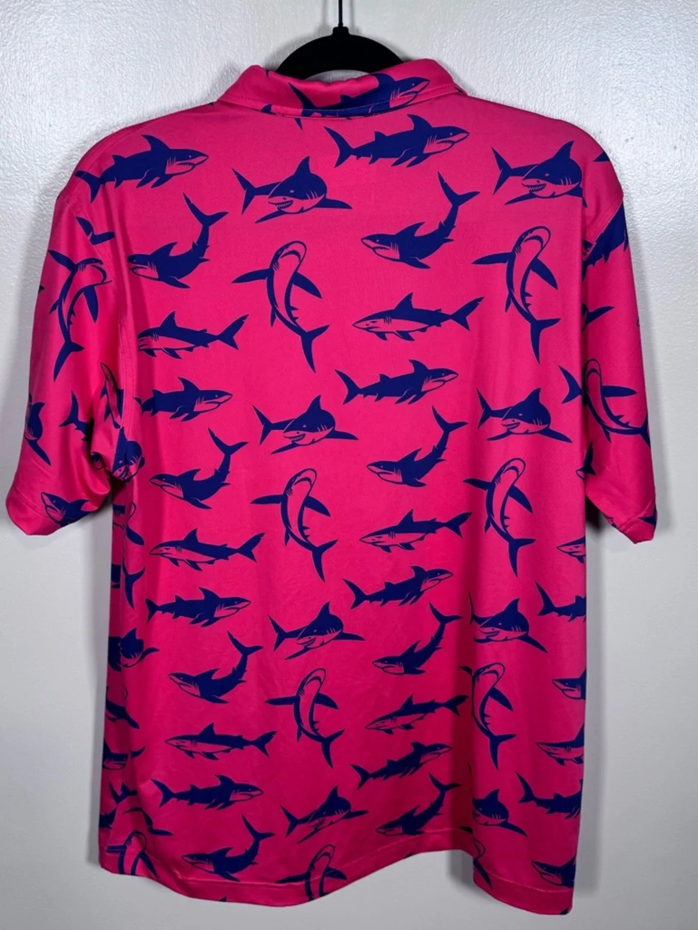 Waggle Men’s Pink with Bold Blue Shark Sz L Short Sleeve Sea Fishing Polo Shirt - Picture 7 of 9